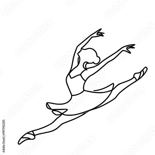 Line drawing of graceful ballerina jumping with legs wide apart in splits at the moment of dance, conveying elegance and smoothness of ballet, single line contour vector drawing