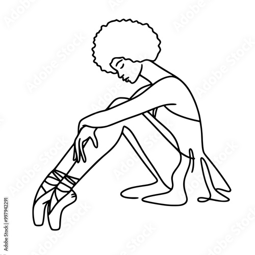 Minimalistic vector outline drawing of ballerina sitting with legs tucked in ballet shoes with afro hairstyle conveying style and grace.