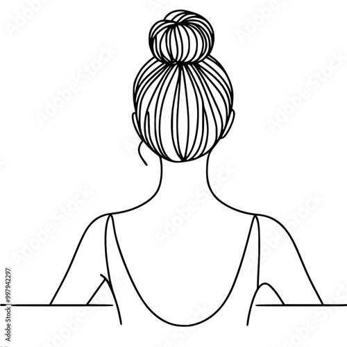 Minimalistic simple vector drawing of a ballerina standing with her back to the barre, her back to her shoulders and hairstyle are visible, made with black lines on a white background