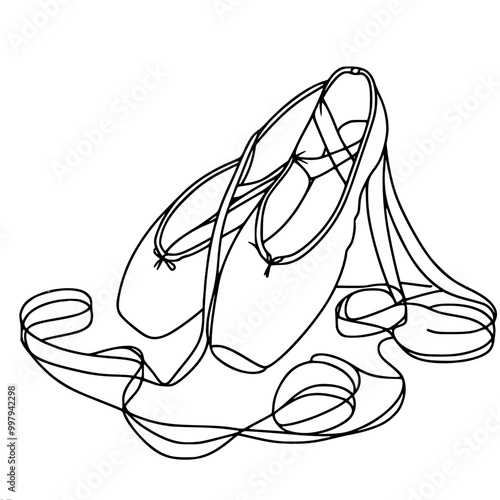 Pointe shoe drawing line, single line outline vector drawing