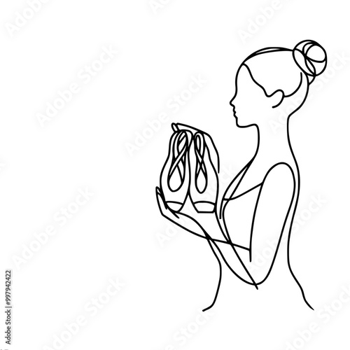 Line drawing of ballerina holding punts in profile with hair in bun, single line outline vector illustration