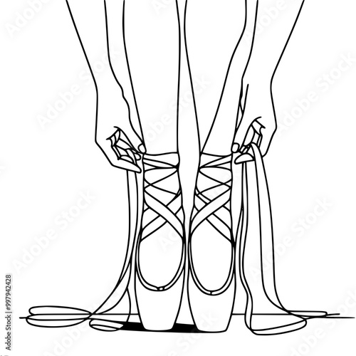 Line drawing of ballerina feet tying pointe shoes close up, single line outline vector drawing