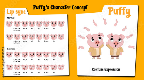 A confused pig cartoon character AKA Puffy. Little piggy cartoon vector. Confused face expressions and lip sync. Set of cute piggy with various hand gesture and front and 1/3 standing pose.