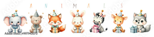 Watercolor forest animal. Decoration nursery kids Birthday girl party Print for invitation card Baby shower Poster Template.
