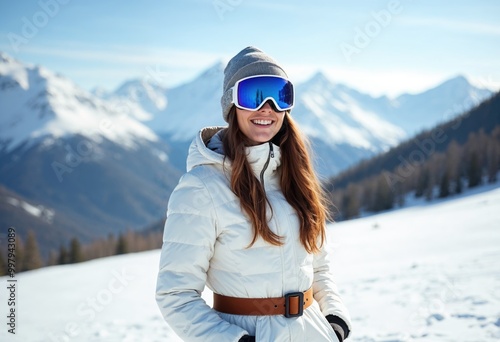 Woman in ski outfit smiling with snowy mountains photo