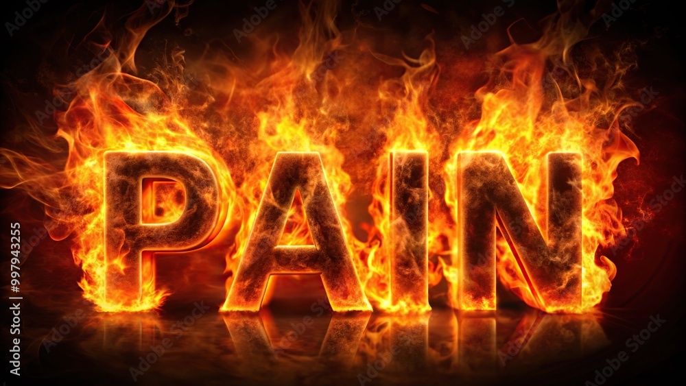 Fiery glowing typography of Pain engulfed in intense flames perfect for conveying strong emotions and intense experiences High Angle Fiery glowing typography of Pain engulfed in intense flames perfect for conveying strong emotions and intense experiences High Angle