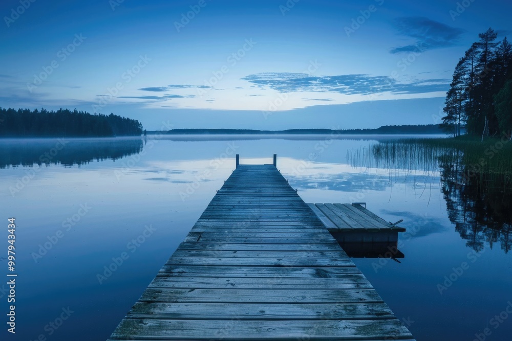 Fototapeta premium Peaceful Reflection. Finnish Lake Landscape with Wooden Pier at Evening