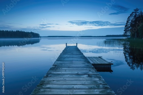 Peaceful Reflection. Finnish Lake Landscape with Wooden Pier at Evening photo