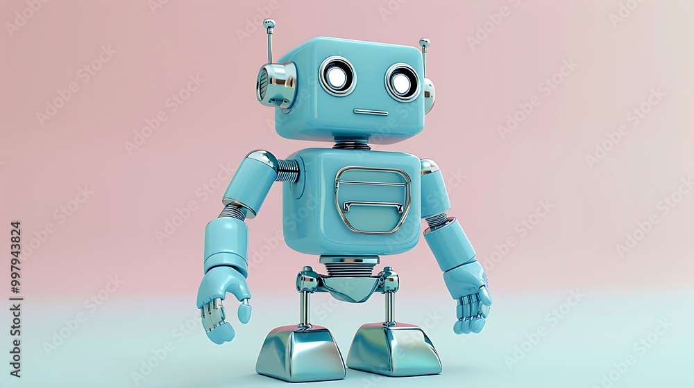 Cute Retro Robot with Blue Body and Chrome Details on a Pink Background Cute Retro Robot with Blue Body and Chrome Details on a Pink Background