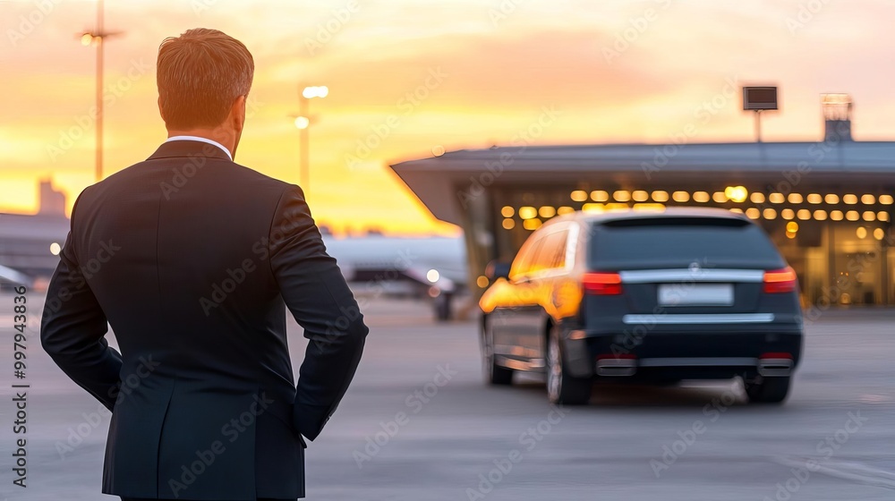 Airport transfer focusing on a chauffeur-driven car approaching the airport's VIP entrance