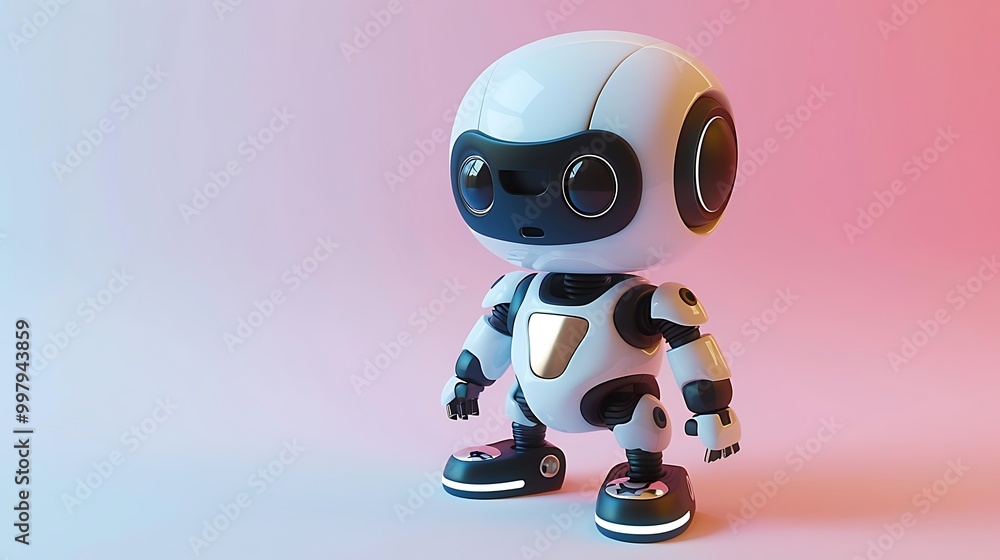 Cute White Robot with Big Eyes Standing on Pink Gradient Background Cute White Robot with Big Eyes Standing on Pink Gradient Background