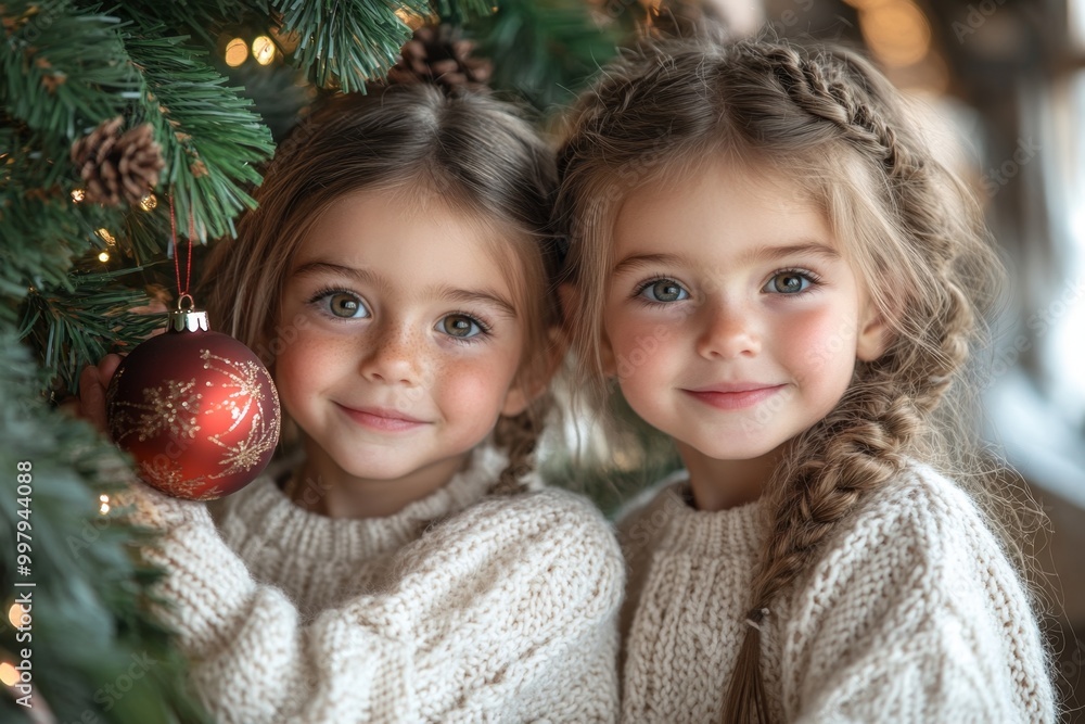 Cute little girls with Christmas baubles near Christmas tree indoors Cute little girls with Christmas baubles near Christmas tree indoors