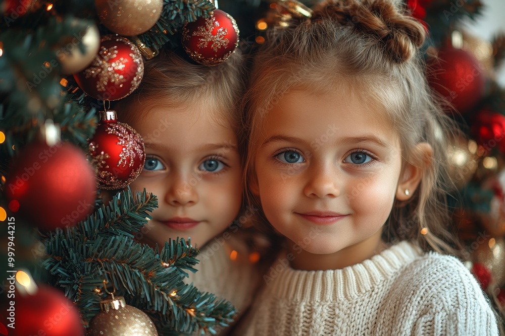 Cute little girls with Christmas baubles near Christmas tree indoors Cute little girls with Christmas baubles near Christmas tree indoors