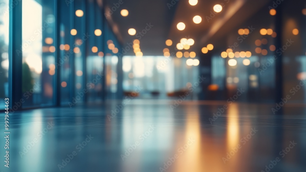 Softly blurred interior space with warm ambient lighting and large glass windows showcasing a modern design at twilight Softly blurred interior space with warm ambient lighting and large glass windows showcasing a modern design at twilight