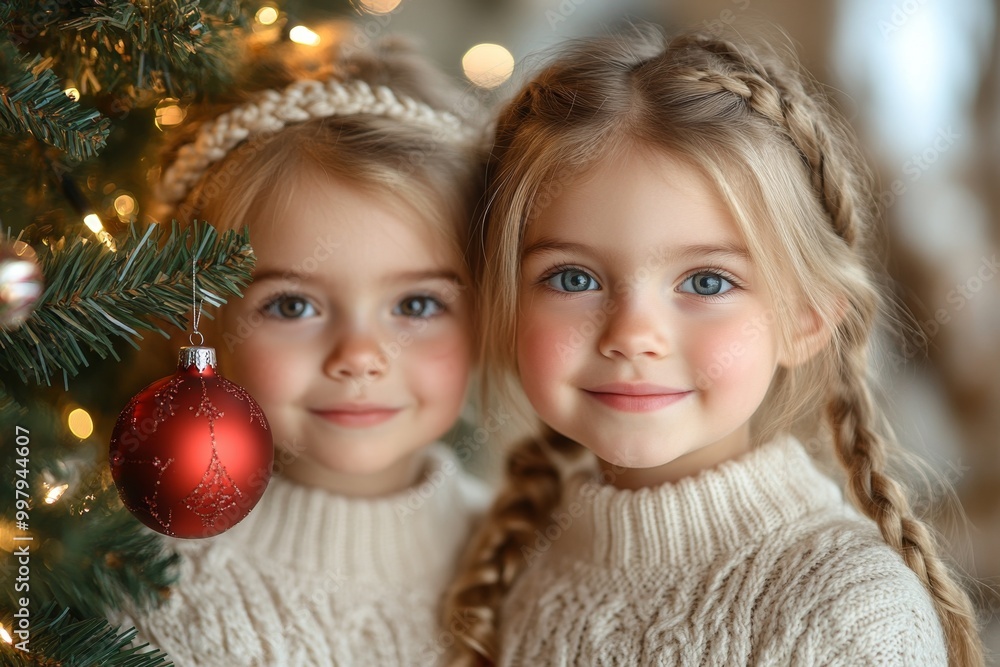 Cute little girls with Christmas baubles near Christmas tree indoors Cute little girls with Christmas baubles near Christmas tree indoors