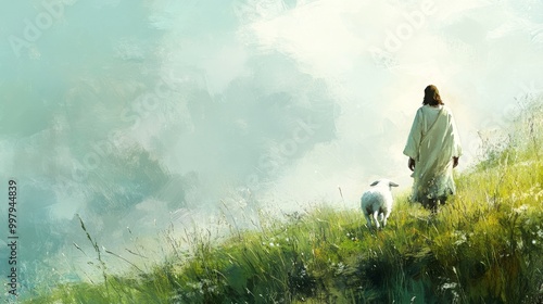 Jesus Christ, the Good Shepherd, leads a lamb through a field, representing his guiding and protective love. .