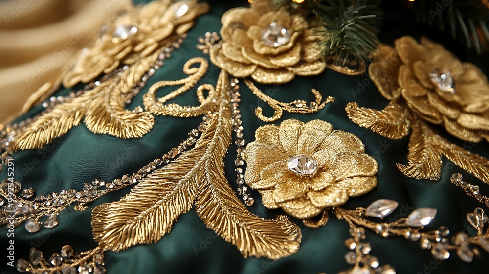 A richly decorated Christmas tree skirt with gold embroidery and crystal beads A richly decorated Christmas tree skirt with gold embroidery and crystal beads