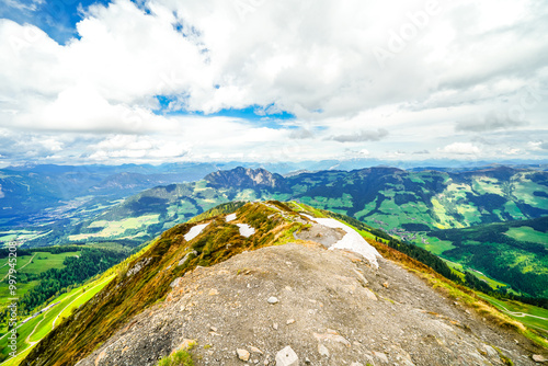 Landscape at the Wiedersberger Horn in the Alpbachtal. View of nature and the mountains and the Zillertal Alps near Alpbach in Austria.
 photo