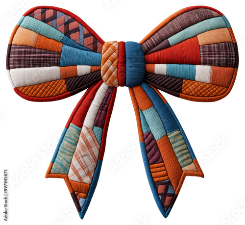 Colorful patchwork bow with intricate stitching isolated on transparent background.