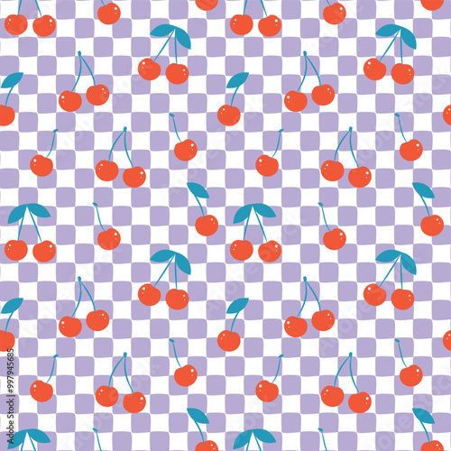 Playful Cherry Checkerboard Seamless Pattern with Red Cherries and Purple Checkered Background in Vector Format for Digital and Print Use