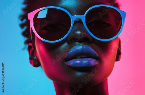 An African woman wearing colorful, fashionable sunglasses stands against a vibrant pink background