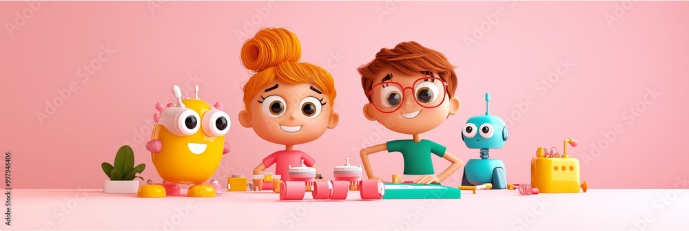 Playful children engaging with colorful toys in a creative setting. Bright colors and cheerful atmosphere inspire imagination. Playful children engaging with colorful toys in a creative setting. Bright colors and cheerful atmosphere inspire imagination.
