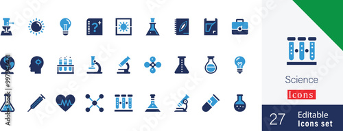 Science editable flat vector icon illustration set. with chemistry illustrations, light bulb, energy, earth, globe,  telescope, microscope, bacteria and more solid icons