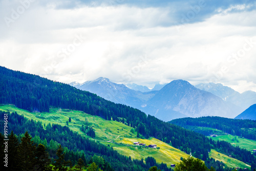 Landscape at the Wiedersberger Horn in the Alpbachtal. View of nature and the mountains and the Zillertal Alps near Alpbach in Austria. 