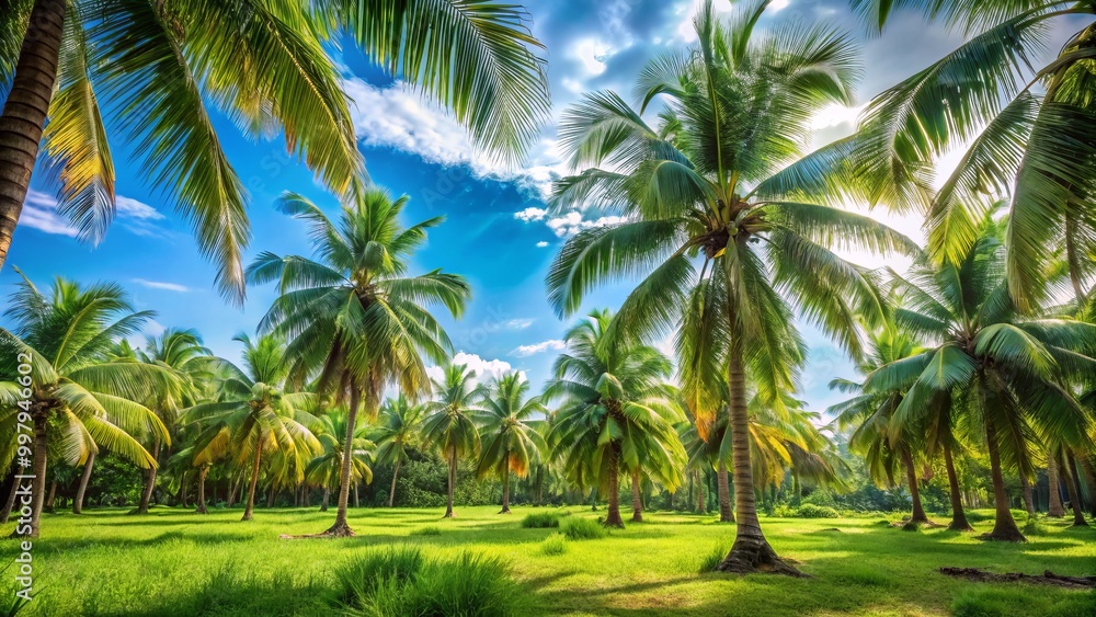 Vibrant palm trees thrive beneath sunny blue skies, creating an idyllic setting perfect for tropical landscapes and Vibrant palm trees thrive beneath sunny blue skies, creating an idyllic setting perfect for tropical landscapes and