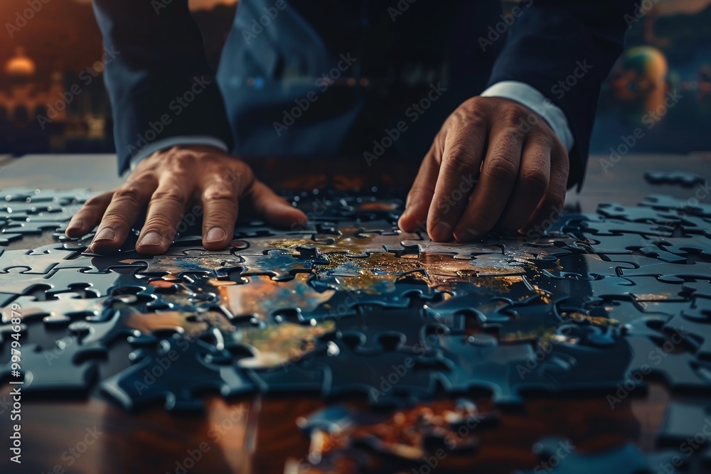 ai generative businessman hands arranging jigsaw puzzle ai generative businessman hands arranging jigsaw puzzle