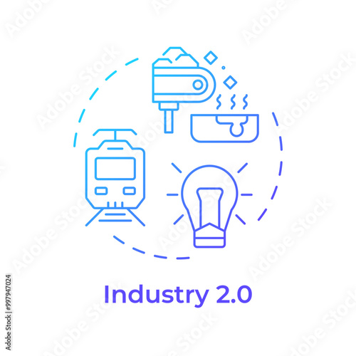 Industry 2.0 blue gradient concept icon. Second industrial revolution. Electricity and mass production. Round shape line illustration. Abstract idea. Graphic design. Easy to use in article