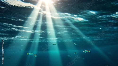 underwater sea waves, sunlight penetrating the water photo