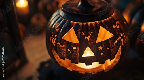 Illuminated Halloween Pumpkin Lantern with Spooky Shadows photo