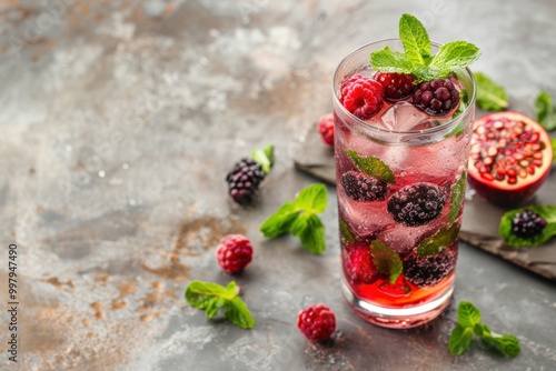 Mulberry mojito with mulberries and mint, served in a tall glass, rustic background, copy space