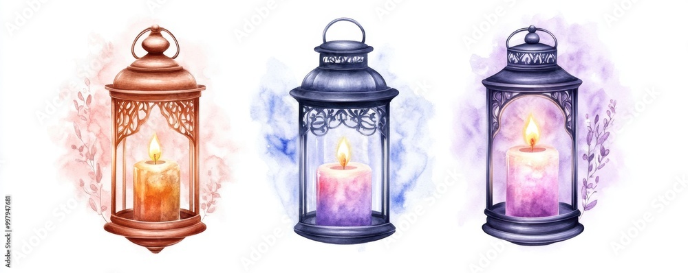 A serene illustration of decorative lanterns in shades of copper, blue, and black, each glowing with a warm candlelight, evoking a cozy ambiance. A serene illustration of decorative lanterns in shades of copper, blue, and black, each glowing with a warm candlelight, evoking a cozy ambiance.