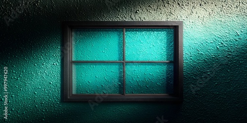 mysterious window on textured blue wall photo