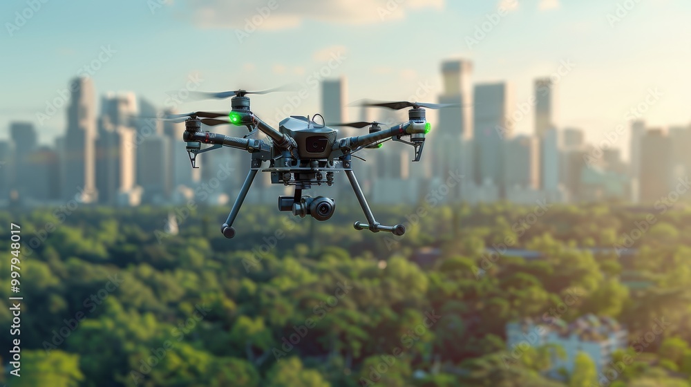 Naklejka premium Drone Soaring Above Cityscape: A high-tech drone captures the urban jungle from a bird's-eye view, showcasing the power and potential of aerial technology in a captivating and modern setting. 