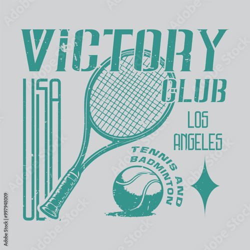 Victory Tennis Club vintage tee print, athletic apparel design shirt graphic print. Vintage artwork for sportswear. Tennis club vector t-shirt design. Retro varsity tennis logos prints.