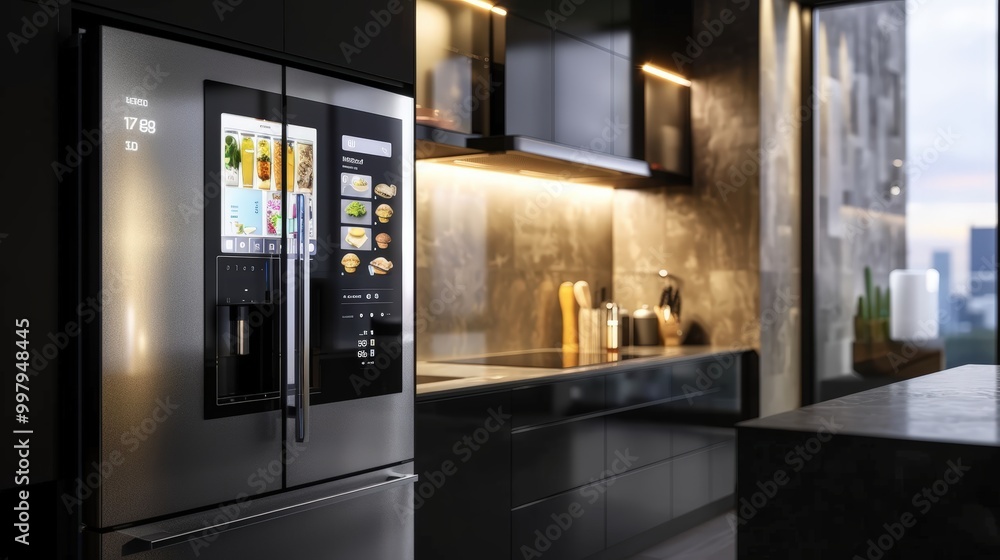Modern Kitchen with Smart Refrigerator: A sleek, stainless steel refrigerator with a touchscreen display takes center stage in a modern kitchen. Modern Kitchen with Smart Refrigerator: A sleek, stainless steel refrigerator with a touchscreen display takes center stage in a modern kitchen.