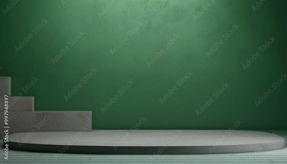 Studio with podium for product presentation. Empty floor and green wall with stand. 3D room with gradient background. Countertop with concrete or marble texture
Studio with podium for product presentation. Empty floor and green wall with stand. 3D room with gradient background. Countertop with concrete or marble texture