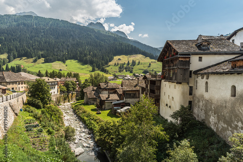 Spluegen, a typical swiss alpine village with historic buildings, Canton of Grisons, Switzerland