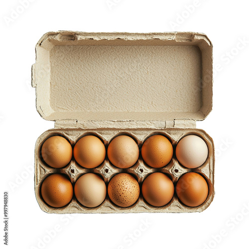 An open egg box containing ten brown eggs is isolated on a white background, emphasizing fresh organic chicken eggs stored in a carton pack with ample copy space provided photo