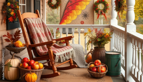 A porch with a rocking chair and a wreath on the railing