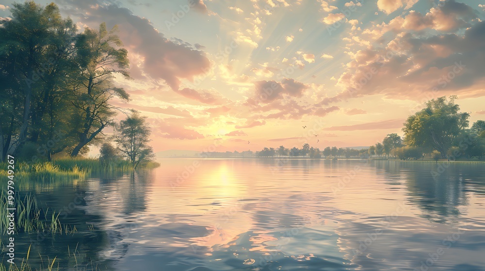 A serene landscape painting of a sunset over a calm lake, with soft reflections of the sky in the water and trees lining the horizon. 8k UHD, suitable for high-quality printing or digital display. A serene landscape painting of a sunset over a calm lake, with soft reflections of the sky in the water and trees lining the horizon. 8k UHD, suitable for high-quality printing or digital display.
