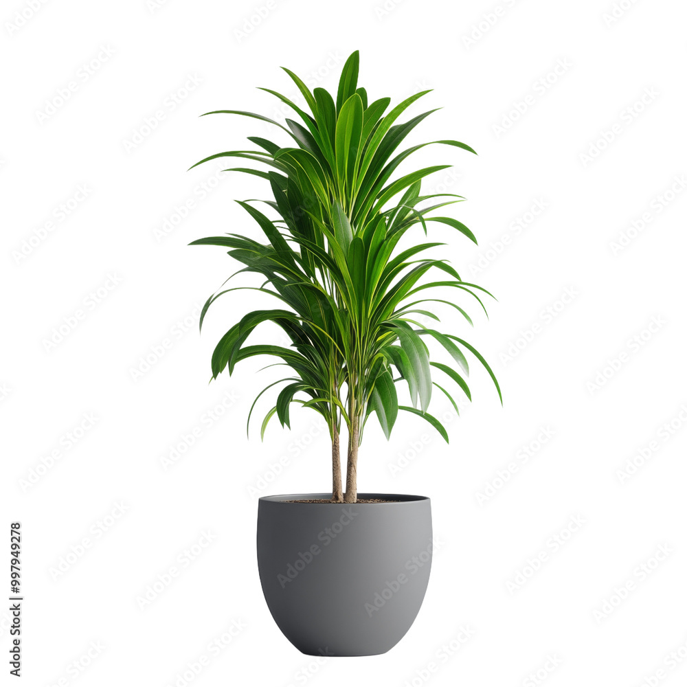 Elegant Indoor Potted Plant with Lush Green Leaves in a Modern Grey Pot on a White Background Elegant Indoor Potted Plant with Lush Green Leaves in a Modern Grey Pot on a White Background