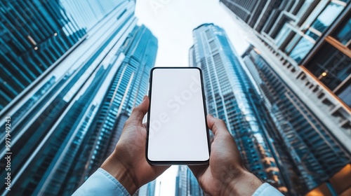 Businessman holding cell phone with Skyscrapers and blue sky,using smartphone with blank screen,A white screen smartphone mockup in a man's hand,social media, mobile application,chatting,copy space.