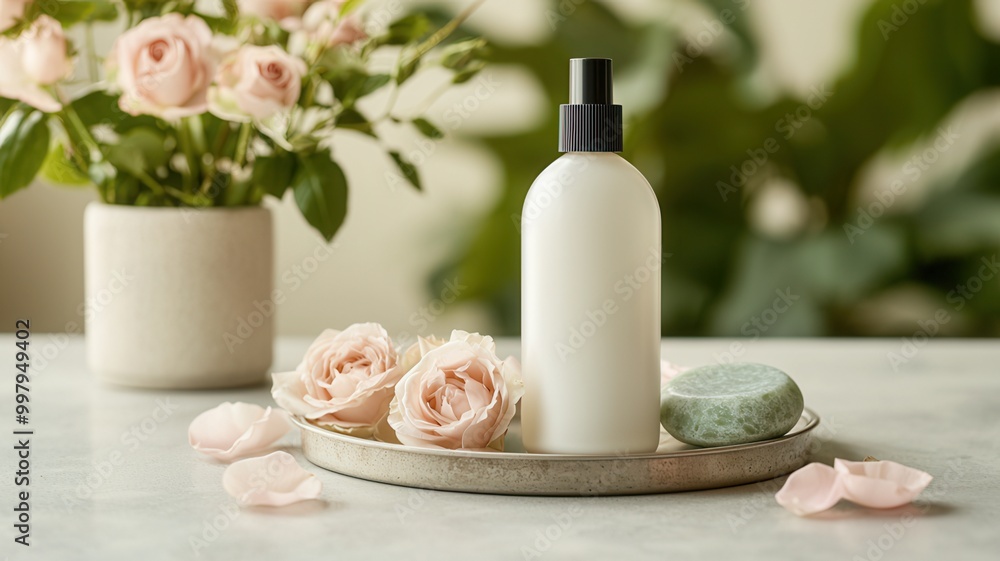 A serene scene featuring a white bottle, soap, and soft pink roses, set on a tray with delicate petals, exuding a calming beauty and elegance. A serene scene featuring a white bottle, soap, and soft pink roses, set on a tray with delicate petals, exuding a calming beauty and elegance.