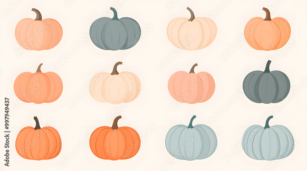 Simple pastel pumpkin set of icons with a smooth round shape placed on a light background Simple pastel pumpkin set of icons with a smooth round shape placed on a light background