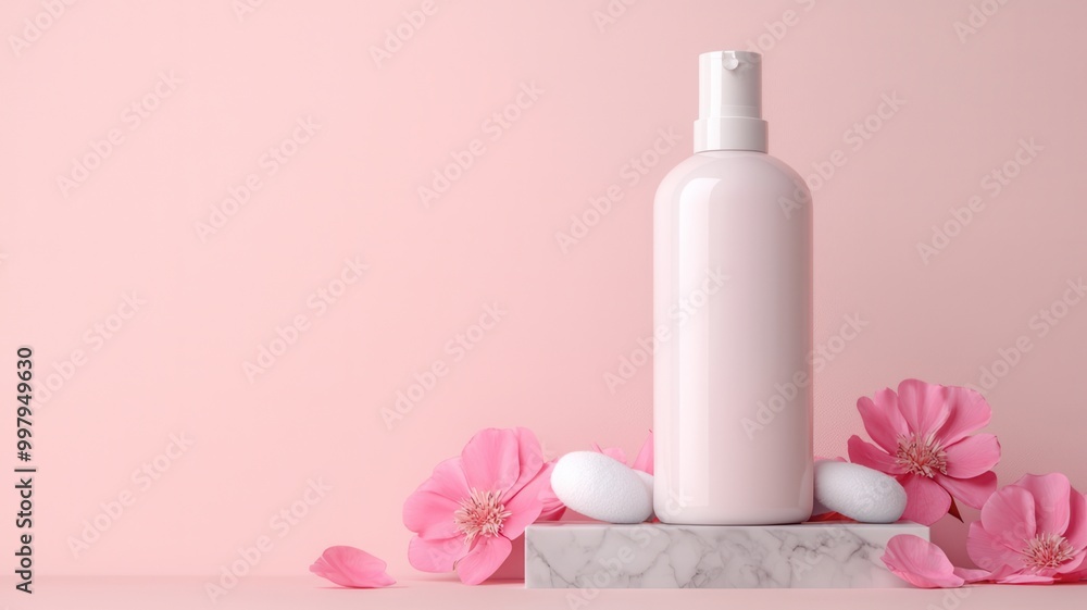 A minimalist pink bottle is elegantly displayed on a marble surface, surrounded by delicate flowers, evoking a sense of beauty and serenity. A minimalist pink bottle is elegantly displayed on a marble surface, surrounded by delicate flowers, evoking a sense of beauty and serenity.