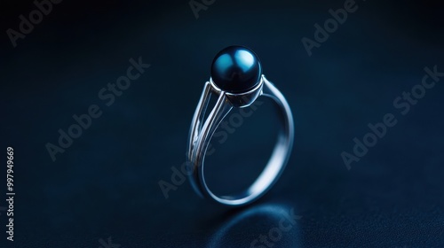 A stunning silver ring featuring a dark pearl, set against a deep blue background.